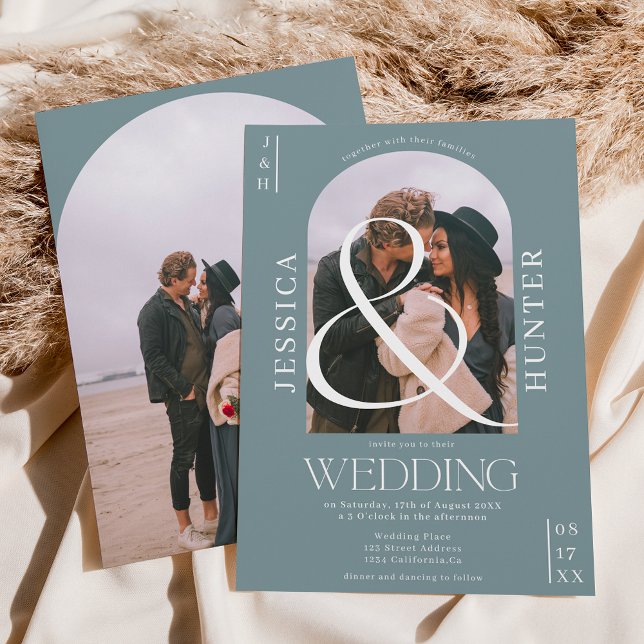 Moderner Boho arch 2 Fotos Hochzeit staubblau Einladung (Von Creator hochgeladen)