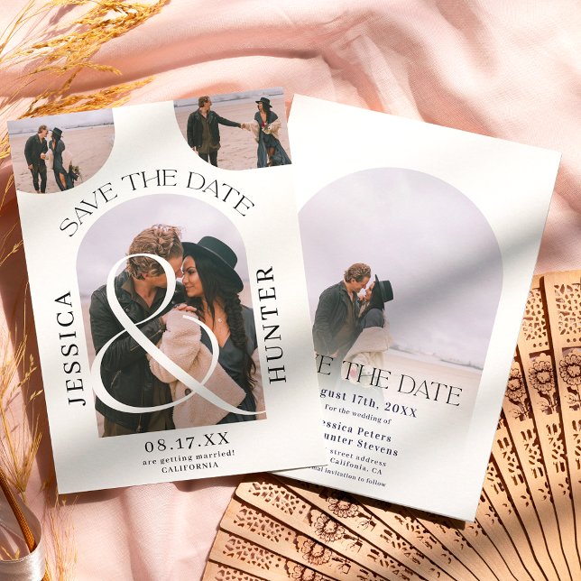 Moderner Boho arch 4 Fotos Hochzeit Schwarz-weiß Save The Date (Von Creator hochgeladen)