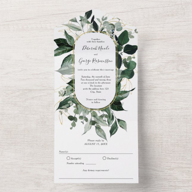 Moderner Boho Arch mit botanischen Watercolor-Blät All In One Einladung (Innen Boden)