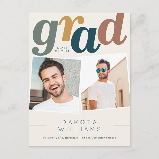 Moderner Boho Blue & Beige Grad Foto Abschluss Postkarte (Vorderseite)