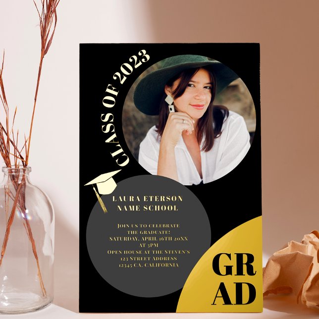 Moderner Boho Kreis schwarz chic 5 Fotos Abschluss Folieneinladung (Von Creator hochgeladen)