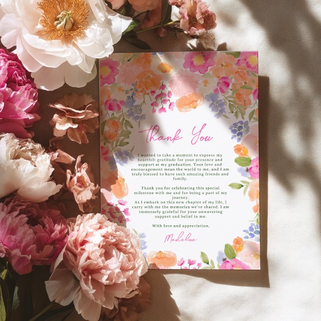 Moderner Boho Peach und rosa Abschluss Dankeskarte (Modern Boho Peach and Pink Floral Graduation Thank You Card)