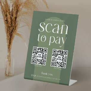 Moderner Boho scannt grüne Bilder, um 2 QR-Codes z Sockelschild