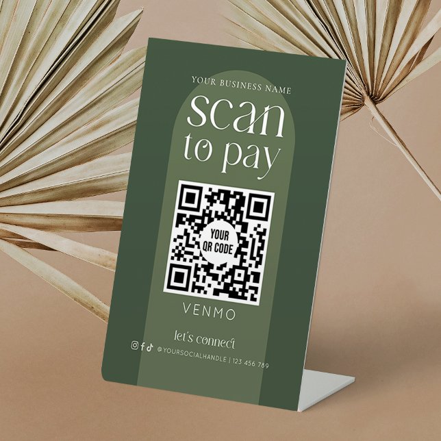 Moderner Boho scannt grüne Bilder, um QR Code Shop Sockelschild (Scan to pay boho style sage green pedestal sign with one QR code)