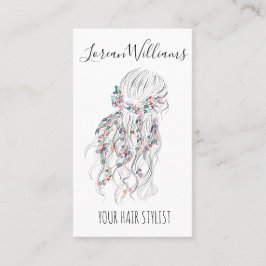 Moderner Boho Schwarz-weiß Wavy Hair Style Floral Visitenkarte