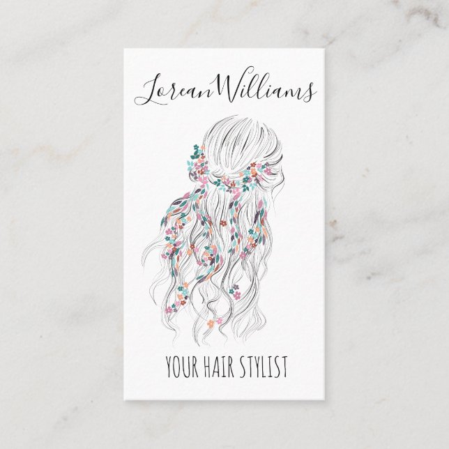 Moderner Boho Schwarz-weiß Wavy Hair Style Floral  Visitenkarte (Vorderseite)