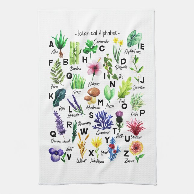 Moderner botanischer Alphabet Blumengarten Geschirrtuch (Vertikal)