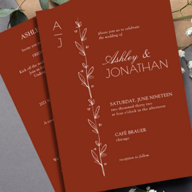 Moderner botanischer Divider Wedding Auburn All-in Einladung (Von Creator hochgeladen)