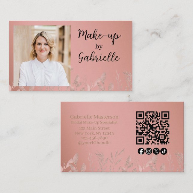 Moderner Botanischer Dusty Rose Boho Foto QR Code Visitenkarte (Vorne/Hinten)