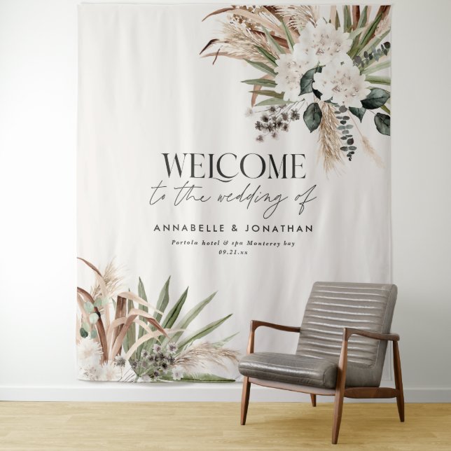 Moderner botanischer Pampas-Eukalyptus-Hochzeitspa Wandteppich (Beispiel)