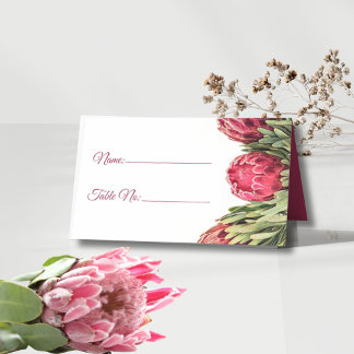Moderner Botanischer Rosa-Protea-Blumentisch Platzkarte