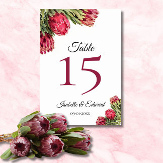 Moderner Botanischer Rosa-Protea-Blumentisch Tischnummer