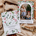 Moderner botanischer Rundbogen-Happy Holidays 1 Fo Feiertagskarte<br><div class="desc">Diese Kollektion besticht durch Aquarellblumen,  Beeren und Wintergrün mit moderner und eleganter Typografie,  mit einem botanischen Wintermuster zurück.</div>