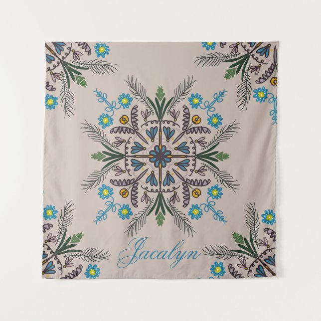 Moderner botanischer Tropenboho Mandala Name Wandteppich (Vorderseite)