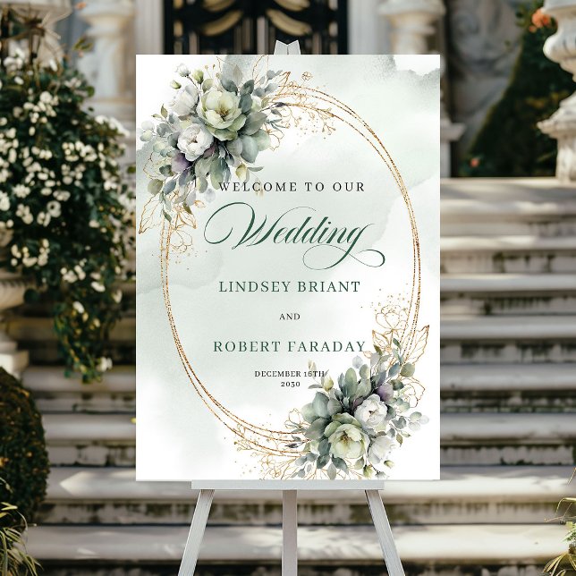 Moderner Botanischer Weißer Rosen Willkommensposte Poster (Modern Botanical White Roses Welcome Poster)