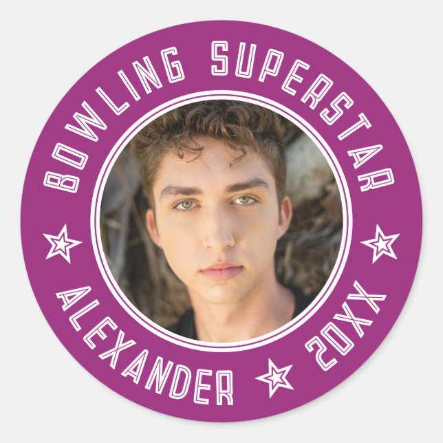 Moderner Bowling Superstar Lila Pink Name Foto Runder Aufkleber (Vorderseite)