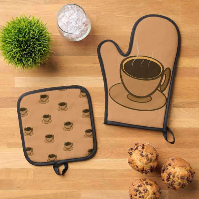 Moderner brauner Coffee Shop Mitte des Jahrhundert Ofenhandschuh & Topflappen-Set (Oben Unten)