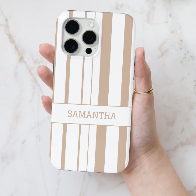 Moderner brauner Streifen Personalisierter Name Mi Case-Mate iPhone Hülle (Modern Brown Striped Personalized Name Minimalist Case-Mate iPhone Case)