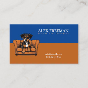 Moderner brauner und blauer Sofa Welpenhund sitzen Visitenkarte