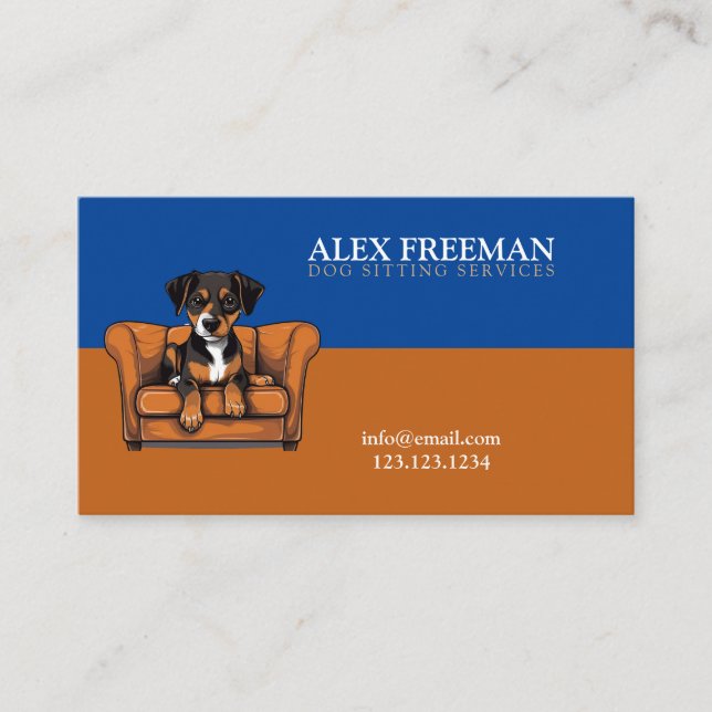 Moderner brauner und blauer Sofa Welpenhund sitzen Visitenkarte (Vorderseite)