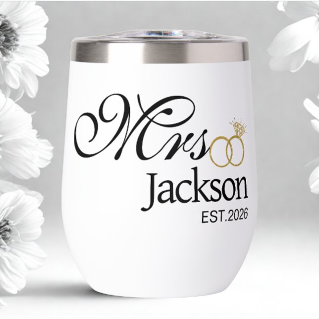 Moderner Brautname Hochzeitsring Datum Schwarzer T (Modern custom bride name and date wine tumbler)