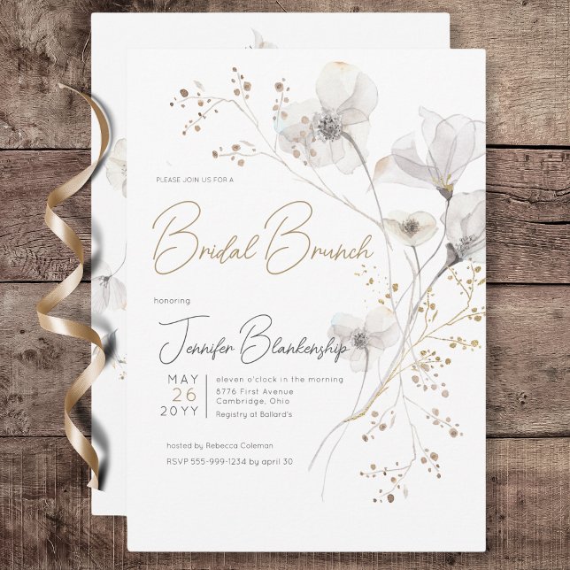 Moderner Brunch mit weißem Grau und goldbraunem Br Einladung (Modern White Gray & Gold Floral Bridal Brunch Invitation)