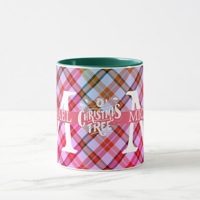 Moderner Buffalo-Karierter Monogram-Weihnachtsfeie Tasse (Zentrum)