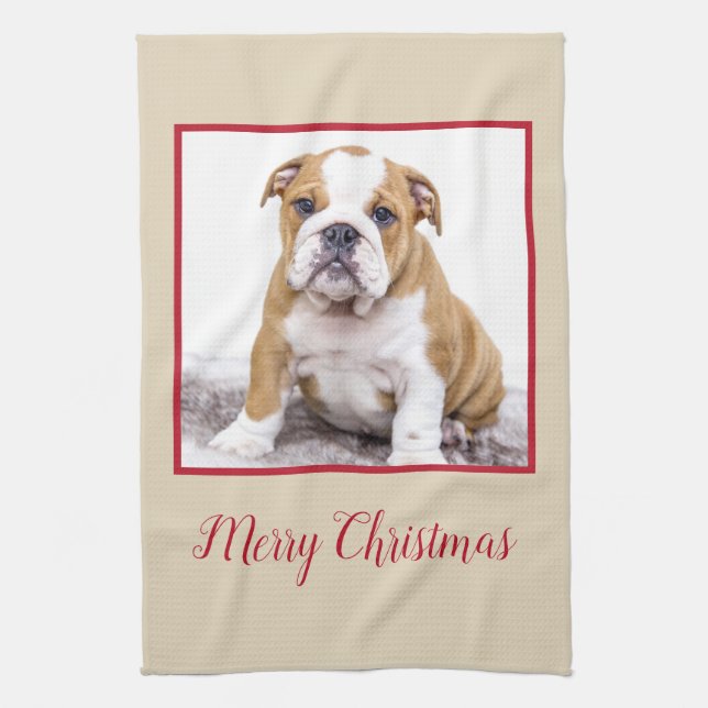 Moderner Bulldog Hund Frohe Weihnachtsfeiertag Fot Geschirrtuch (Vertikal)