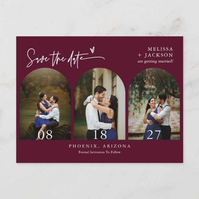 Moderner Burgund-Arch-Foto QR-Code Save the Date Postkarte (Vorderseite)