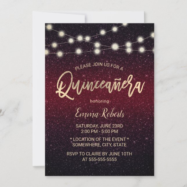Moderner Burgund Rote Imitate Glitzer Quinceanera  Einladung (Vorderseite)
