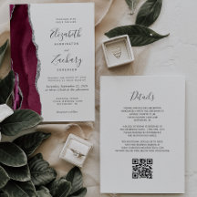 Moderner Burgund Silver Agate QR Code Wedding