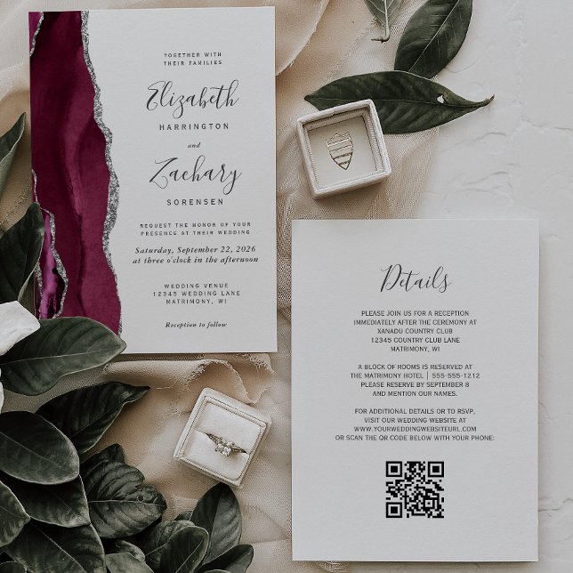 Moderner Burgund Silver Agate QR Code Wedding Einladung (Von Creator hochgeladen)