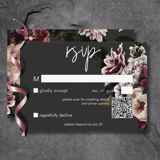 Moderner Burgunder Cream Peonies Bloral Black QR C RSVP Karte (Modern Burgundy Cream Peonies Floral Black QR Code RSVP Card)
