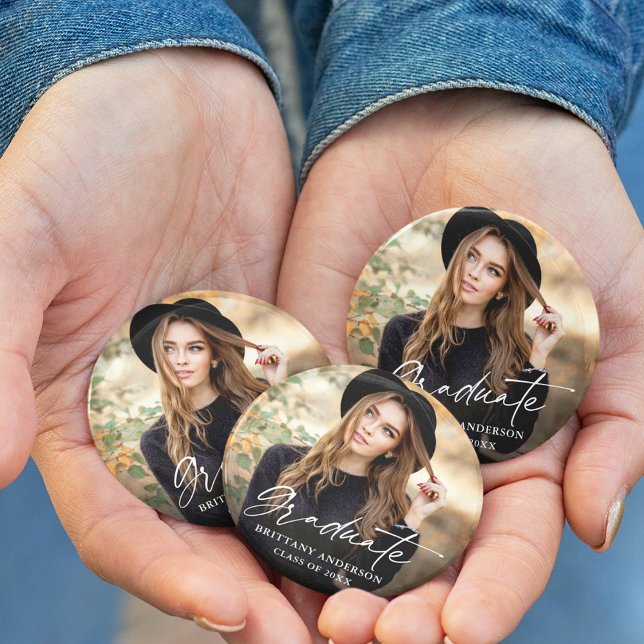 Moderner Calligraphy Ink Script Foto Abschluss Button (Customize to change your personalized text size or text style.)