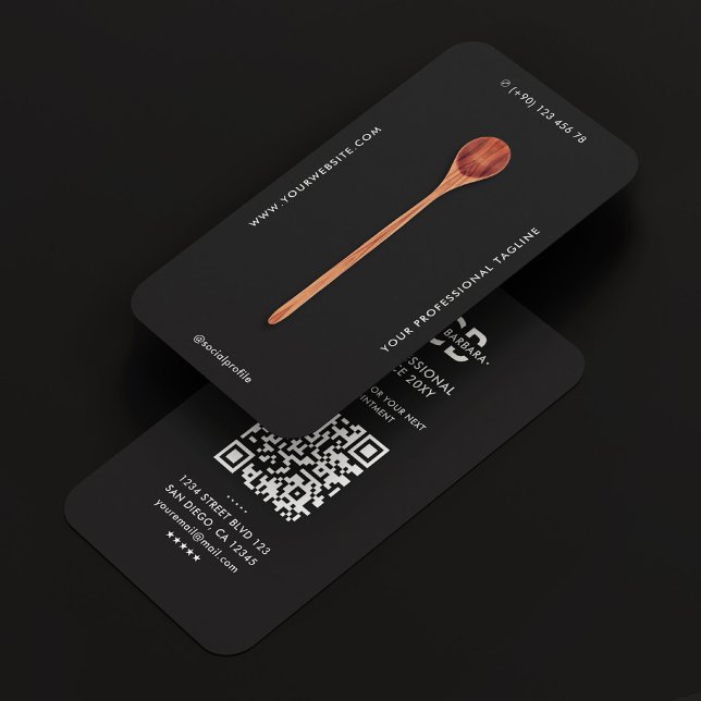 Moderner Caterer Koch Eleganter Holzlöffel Schwarz Visitenkarte (Modern Caterer Chef Elegant Wooden Spoon Black Business Card
)