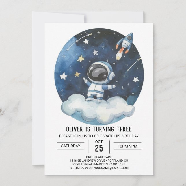 Moderner Celestial Editable Astronaut Boy Birthday Einladung (Vorderseite)