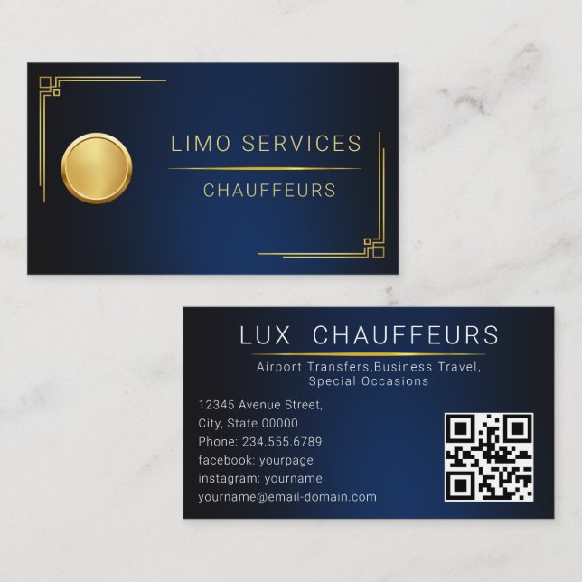 Moderner Chauffeur-Fahrer Royal Gold Border QR Cod Visitenkarte (Vorne/Hinten)