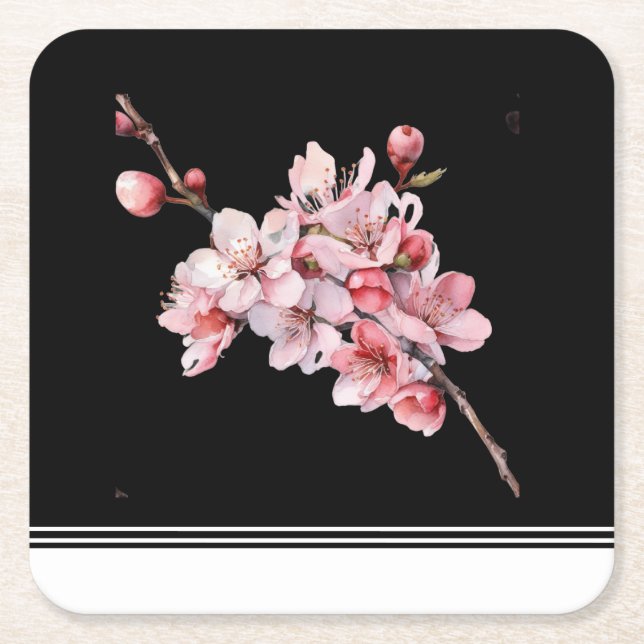 Moderner Cherry Blossom Black Paper Untersetzer (Vorderseite)