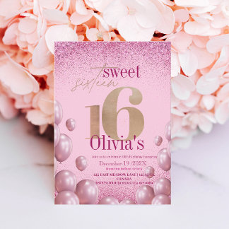 Moderner Chic 16. Geburtstag Pink Balloons Glitzer Einladung