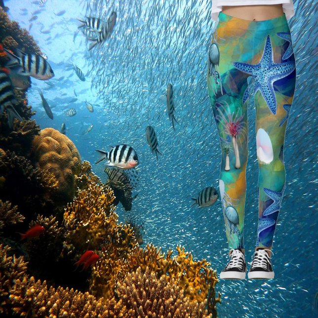 Moderner Chic Aqua Blue Marine Seeblick Starfish Leggings (Modern Chic Aqua Blue Marine Life Ocean Starfish Leggings)