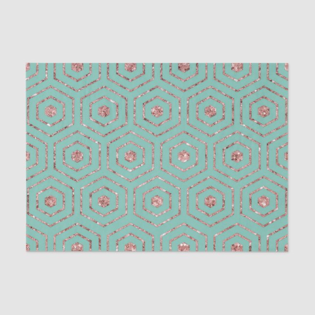Moderner Chic Aqua Rose Gold Glitzer Hexagon Geo Seidenpapier (Vorderseite)