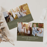 Moderner Chic | Grüne Foto Collage Weihnachtsnachr Feiertagskarte<br><div class="desc">Diese moderne, schick grüne Foto Collage Weihnachts-Weihnachtskarte ist der perfekte stilvolle Urlaubssgruß. Dieses einfache Boho-Design zeichnet sich durch klassische, raffinierte Kalligraphie in rustikalen olivgrün und weiß aus. Personalisieren Sie die Karte mit 5 Fotos (2 vorne und 3 hinten), Familienname, Vornamen und Jahr. Geben Sie auf der Kartenrückseite ein optionales Jahr...</div>