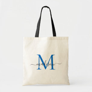 Moderner Chic Navy Blue Monogram Elegant Script Na Tragetasche