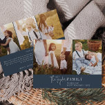 Moderner Chic | Newsletter der Navy-Family-Fotosam Feiertagskarte<br><div class="desc">Diese moderne schicke Foto-Collage Newsletter-Urlaubskarte der Marine ist der perfekte Begrüßungsgeschmack für Ihren Urlaub. Dieses einfache Boho Design zeichnet sich durch klassische, raffinierte Kalligraphie in rustikalen dunkelmarineblau-blau und weiß aus. Personalisieren Sie die Karte mit 5 Fotos (2 vorne und 3 hinten), Familienname, Vornamen und Jahr. Geben Sie auf der Kartenrückseite...</div>