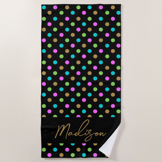 Moderner Chic Polka Dots Personalisiert Black & Go Strandtuch (Vorderseite)