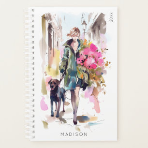 Moderner Chic Stilvolle Frau Floral Dog Lover Planer