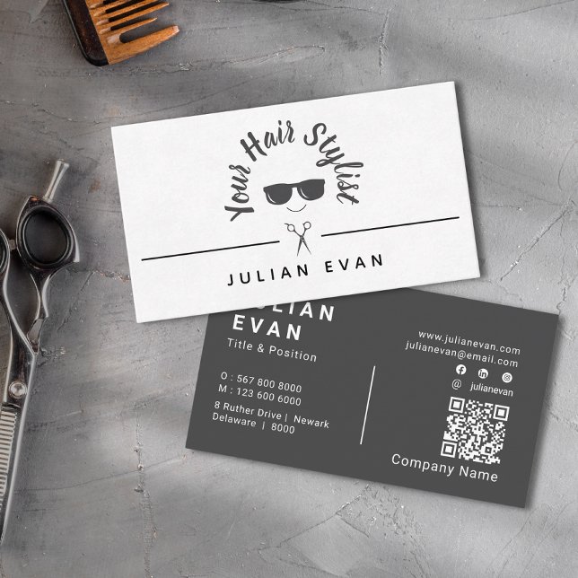 Moderner Chic Trendschwarz-weiß Icon Haare Stylist Visitenkarte (Modern Chic Trendy Black & White Icon Hair Stylist Business Card)