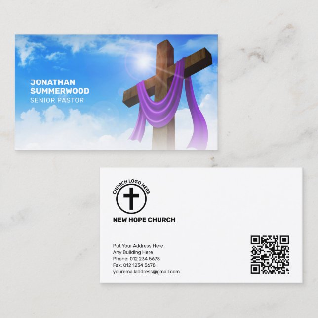 Moderner Christlicher Pastor Cross Cloudscape QR C Visitenkarte (Vorne/Hinten)