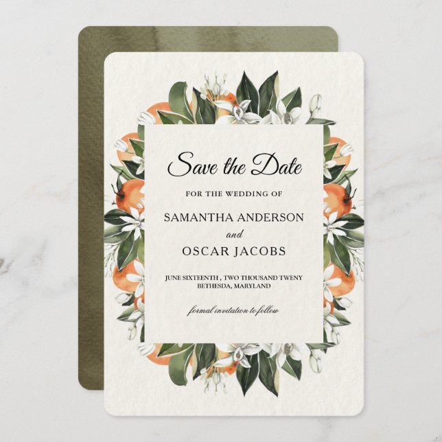 Moderner Citrus Orange Floral | Rustikal Save The Date (Vorne/Hinten)