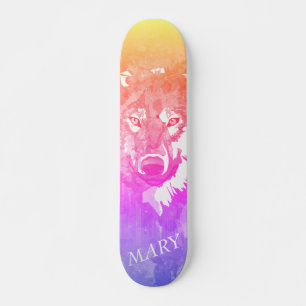 Moderner cool orangefarbener lila rosa Wölf Skateboard